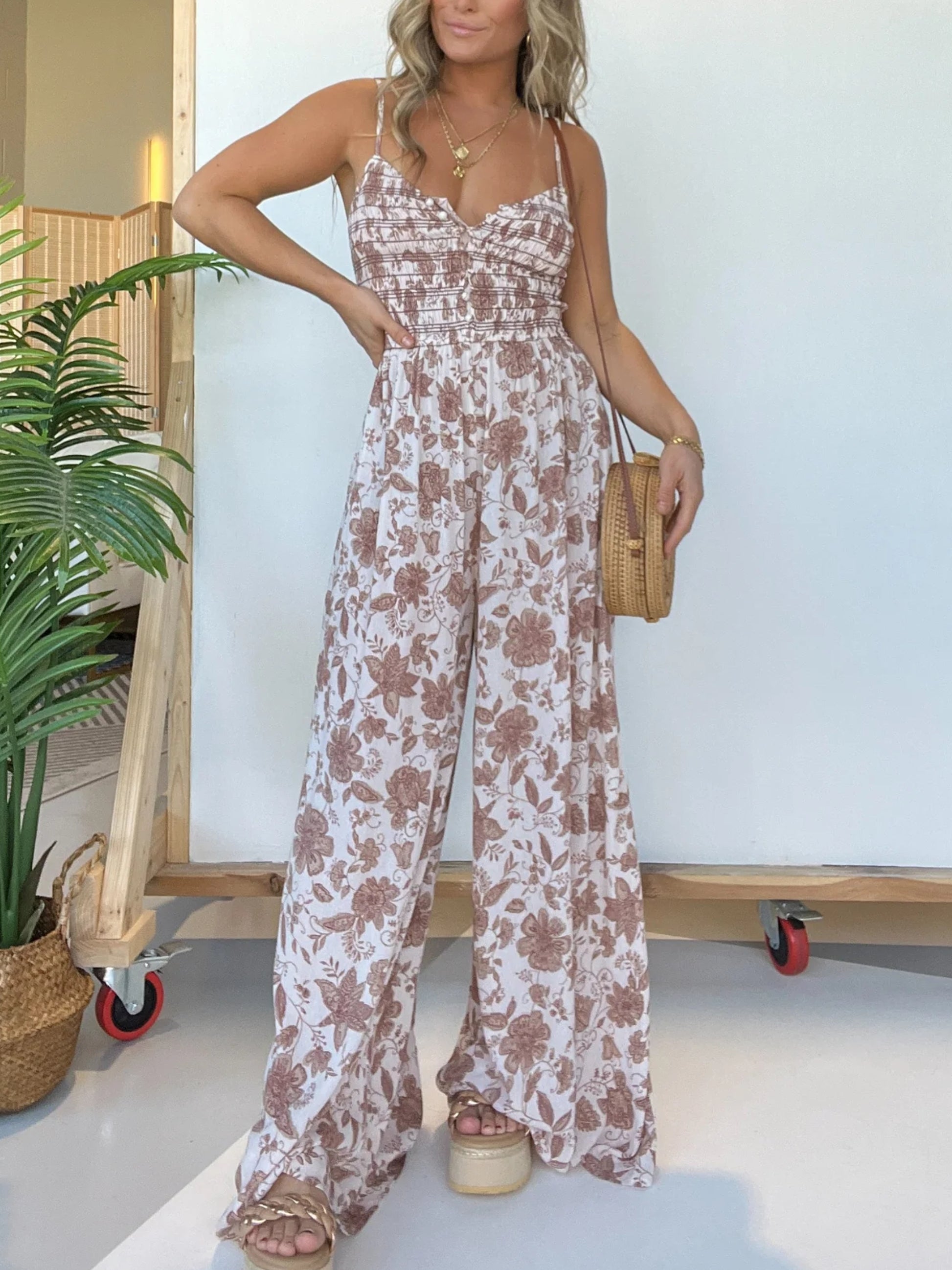 Eaksone - Floral Suspender Wide-leg Jumpsuit