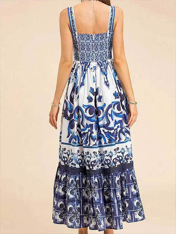 Eaksone - Stunning Floral Print Suspender Patchwork Maxi Dress