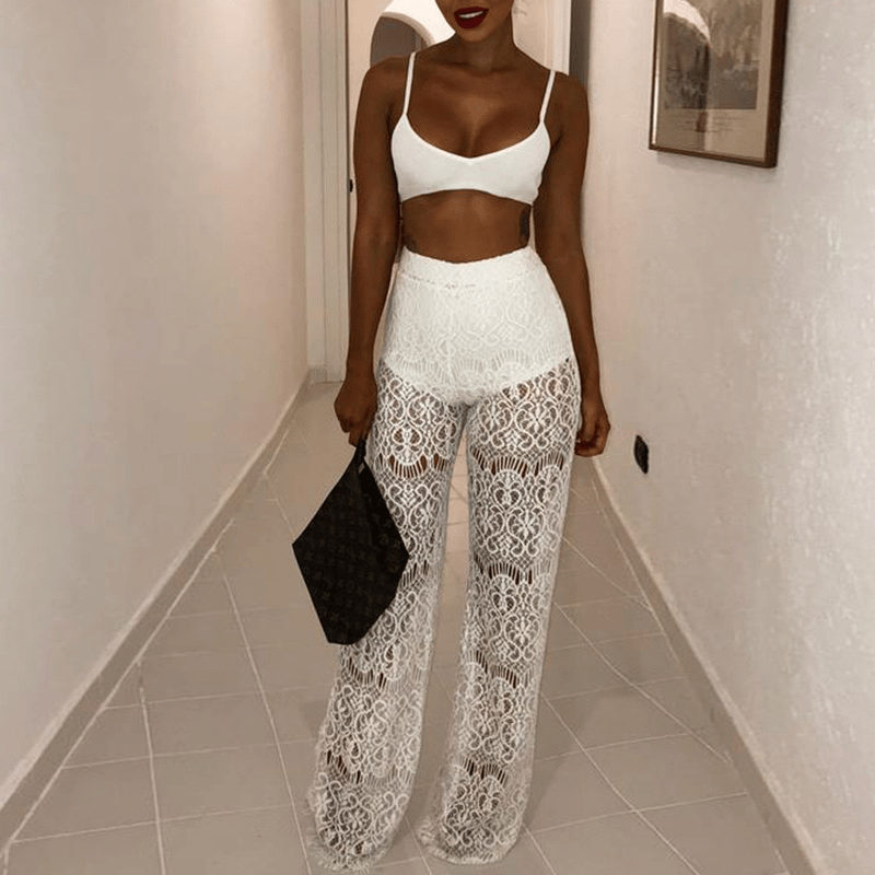 Eaksone - Lace Floral High Waist Sheer Pants