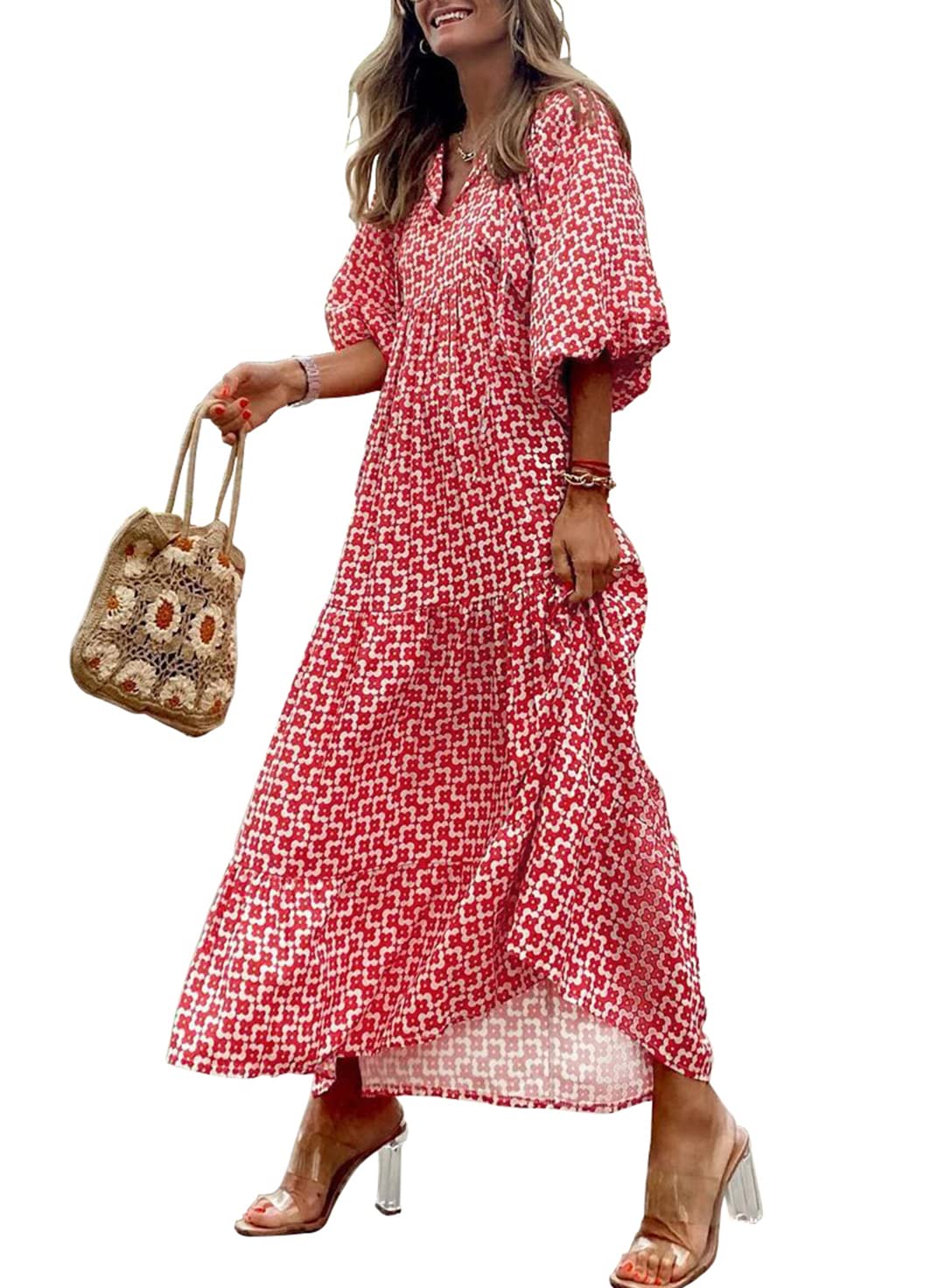 Eaksone - Women's Puff Sleeve Floral Boho Maxi Dress