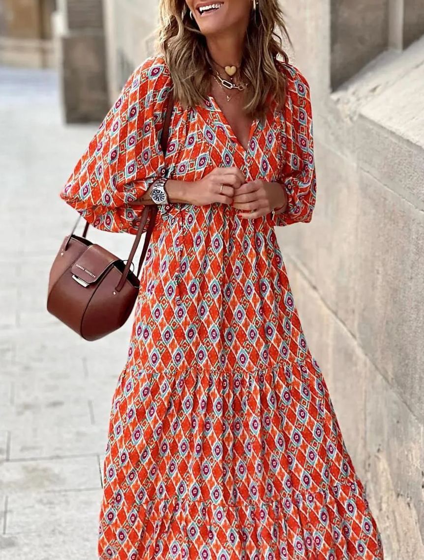 Eaksone - Women's Puff Sleeve Floral Boho Maxi Dress