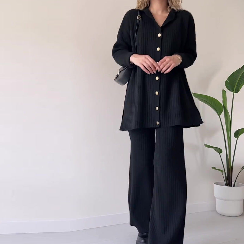 Eaksone - Striped Jacquard Button-Knit Two-Piece Set