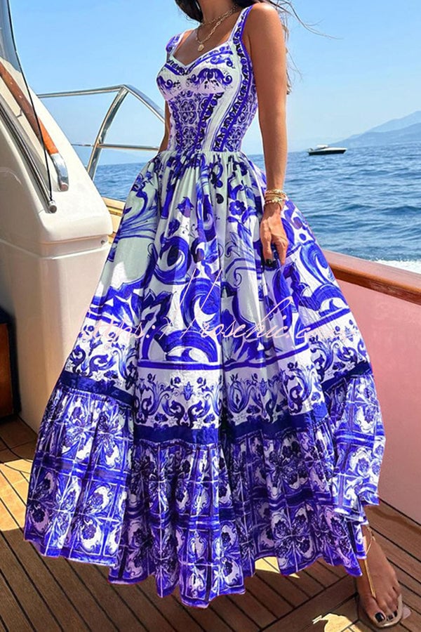 Eaksone - Stunning Floral Print Suspender Patchwork Maxi Dress