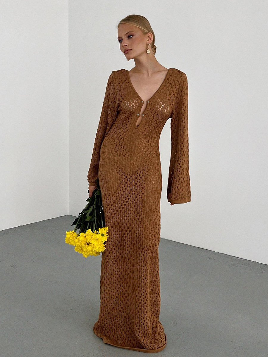 Eaksone - Crochet Fishtail Flare Sleeve Maxi Dress