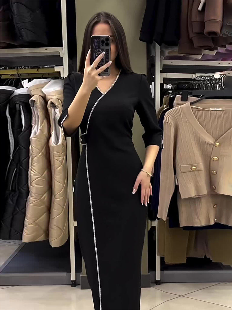 Eaksone - V-neck Slim Fit Temperament  Dress