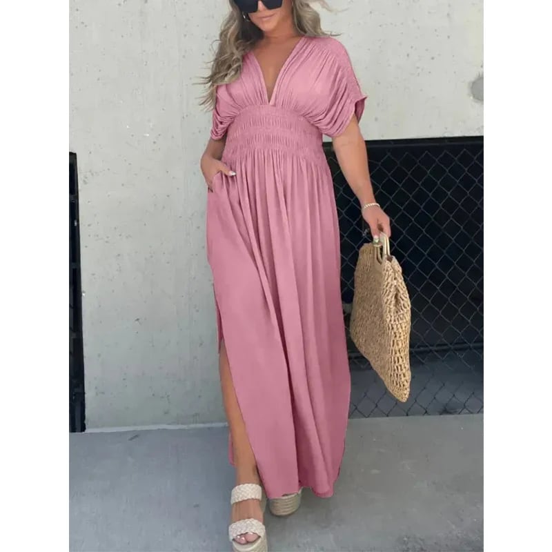Eaksone - Slit V-neck casual long dress