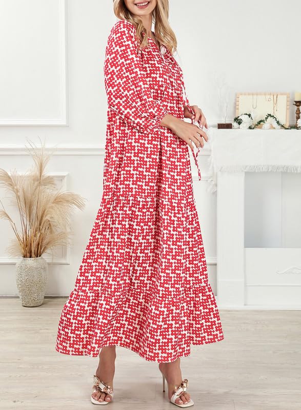 Eaksone - Women's Puff Sleeve Floral Boho Maxi Dress