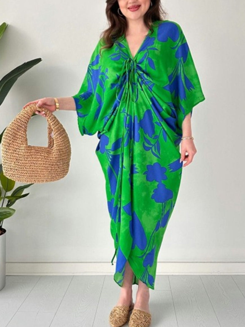 Eaksone - Fashion Printed Bat Sleeve V-Neck Dress