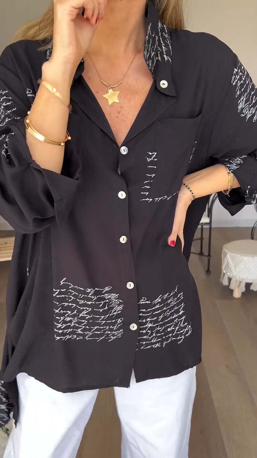 Eaksone - Letter Print Fashion Lapel Shirt