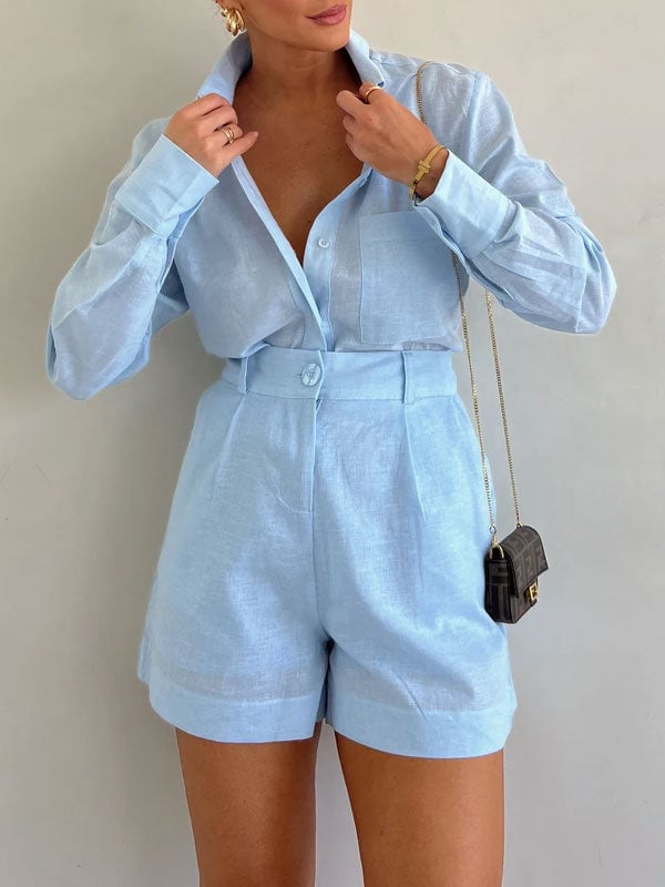 Eaksone - Women's Casual Linen Blouse and Shorts Set