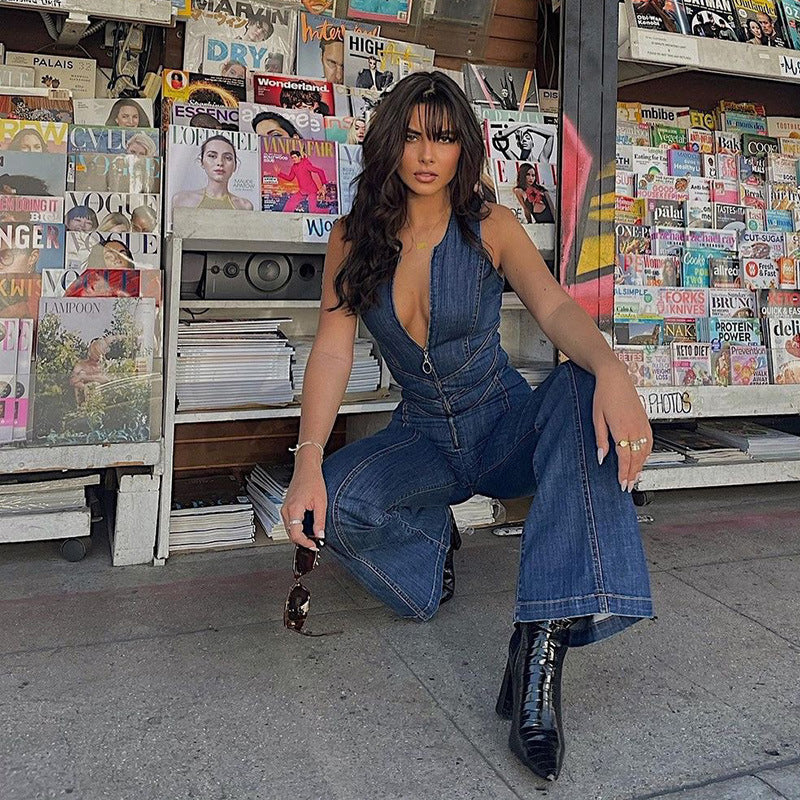 Eaksone - Heart Shaped Backless Denim Jumpsuit