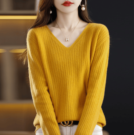 Eaksone - V-Neck Pullover Long Sleeve Solid Color Cashmere Sweater