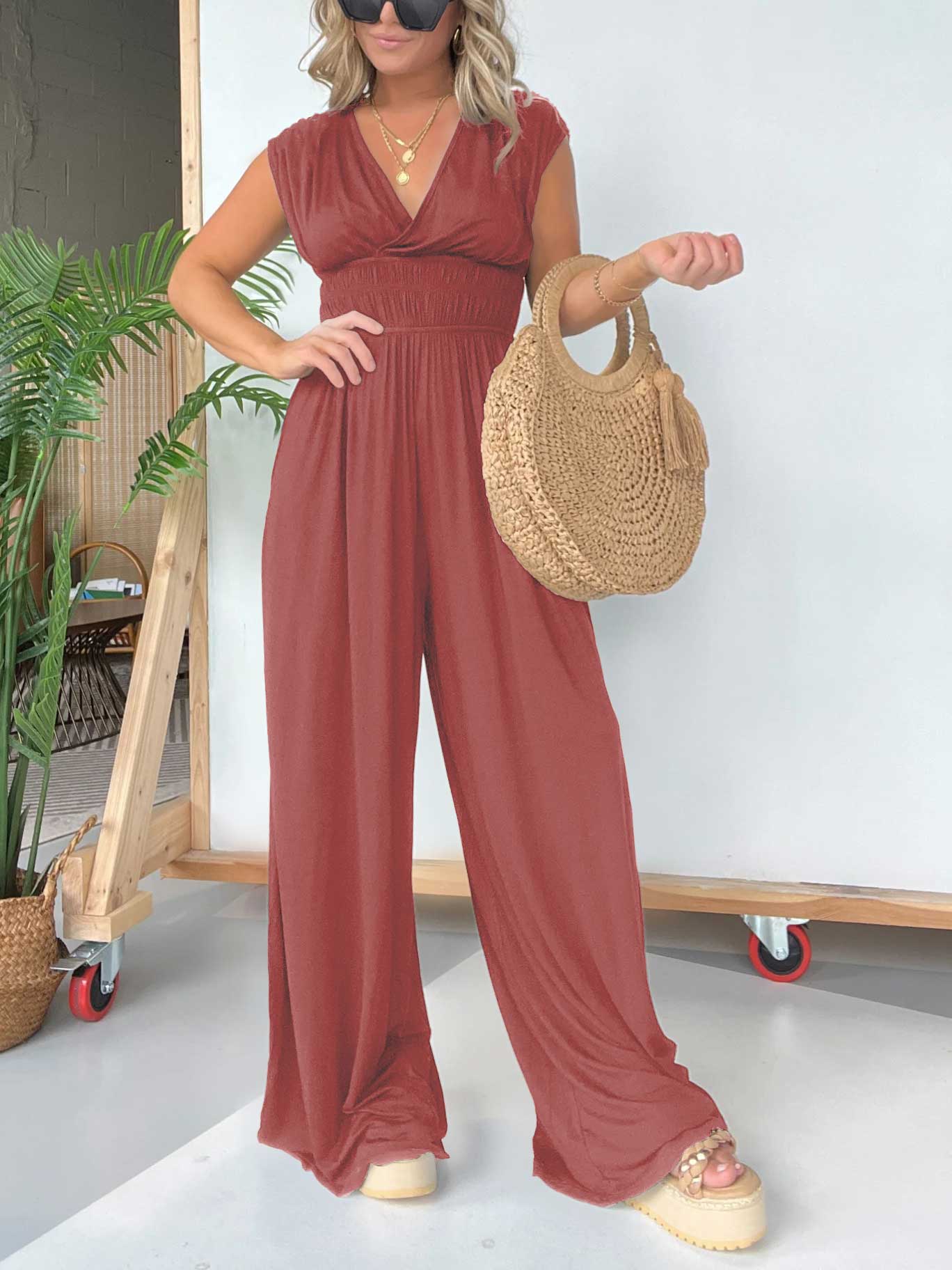 Eaksone - V-Neckline Wide Leg Jumpsuit with Adjustable Back Tie