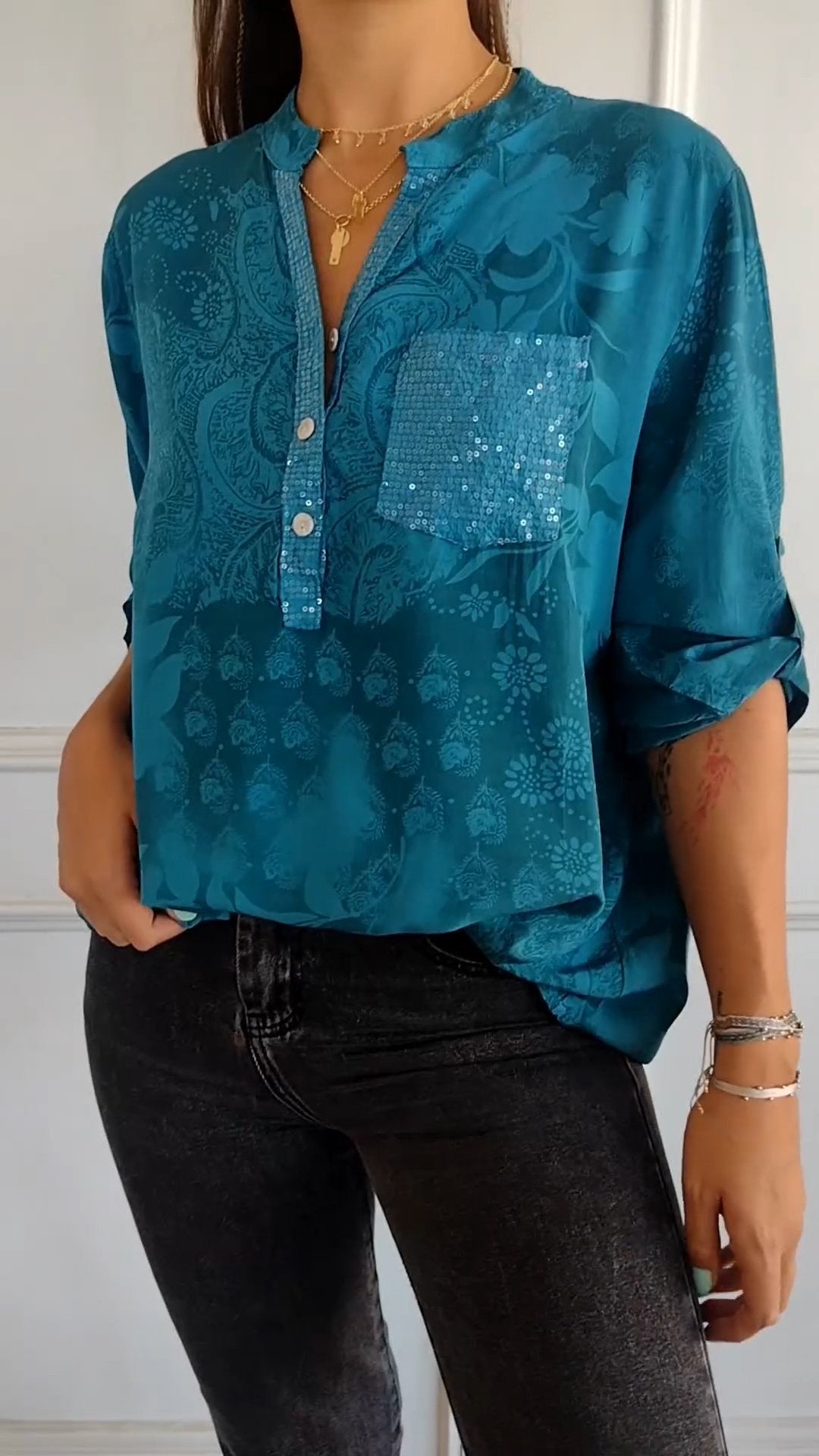 Eaksone - V-neck Half-button Printed Top