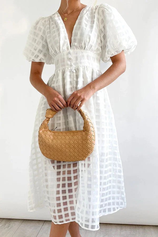 Eaksone - Beautiful square pattern fabric puff sleeve midi