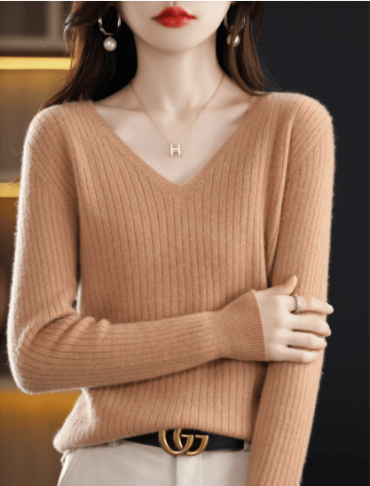 Eaksone - V-Neck Pullover Long Sleeve Solid Color Cashmere Sweater