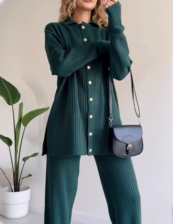 Eaksone - Striped Jacquard Button-Knit Two-Piece Set