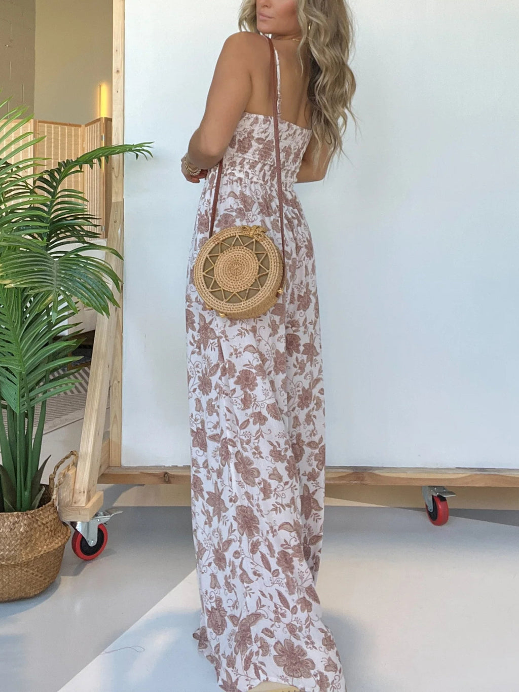 Eaksone - Floral Suspender Wide-leg Jumpsuit