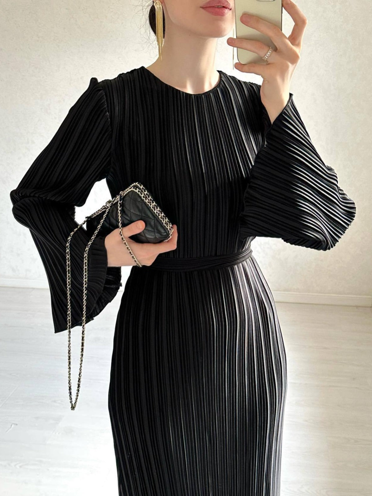 Eaksone - Pleated Bell Sleeve Maxi Dress