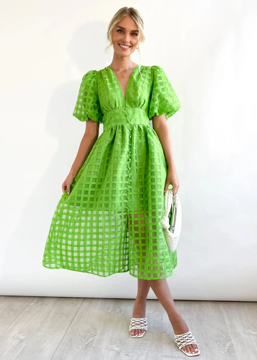 Eaksone - Beautiful square pattern fabric puff sleeve midi