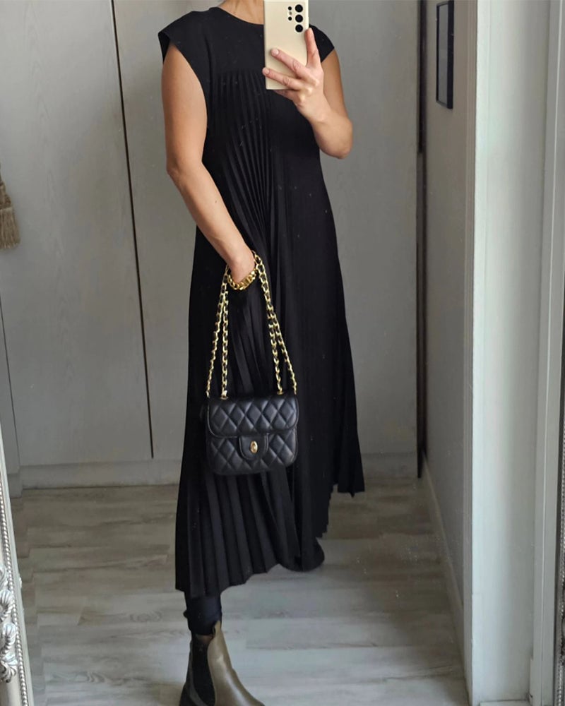 Eaksone - Women Pleated Simple Solid Color Dress
