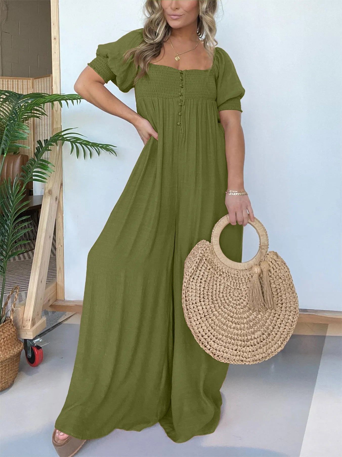 Eaksone - Square Neckline Jumpsuit With Smocked Bodice Button