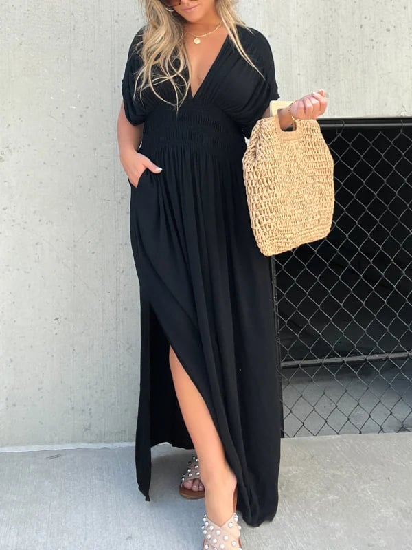 Eaksone - Slit V-neck casual long dress