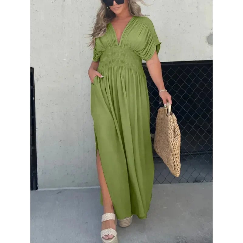 Eaksone - Slit V-neck casual long dress