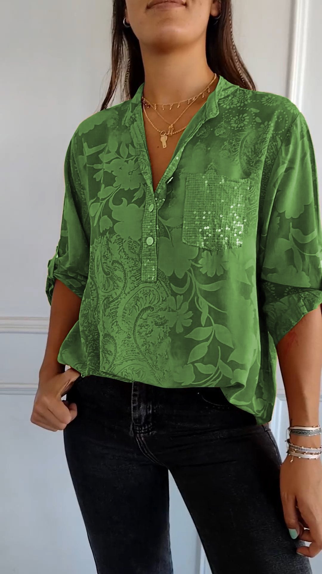Eaksone - V-neck Half-button Printed Top
