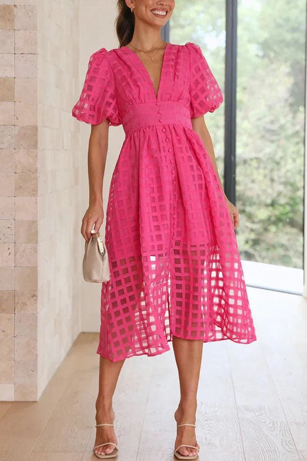 Eaksone - Beautiful square pattern fabric puff sleeve midi