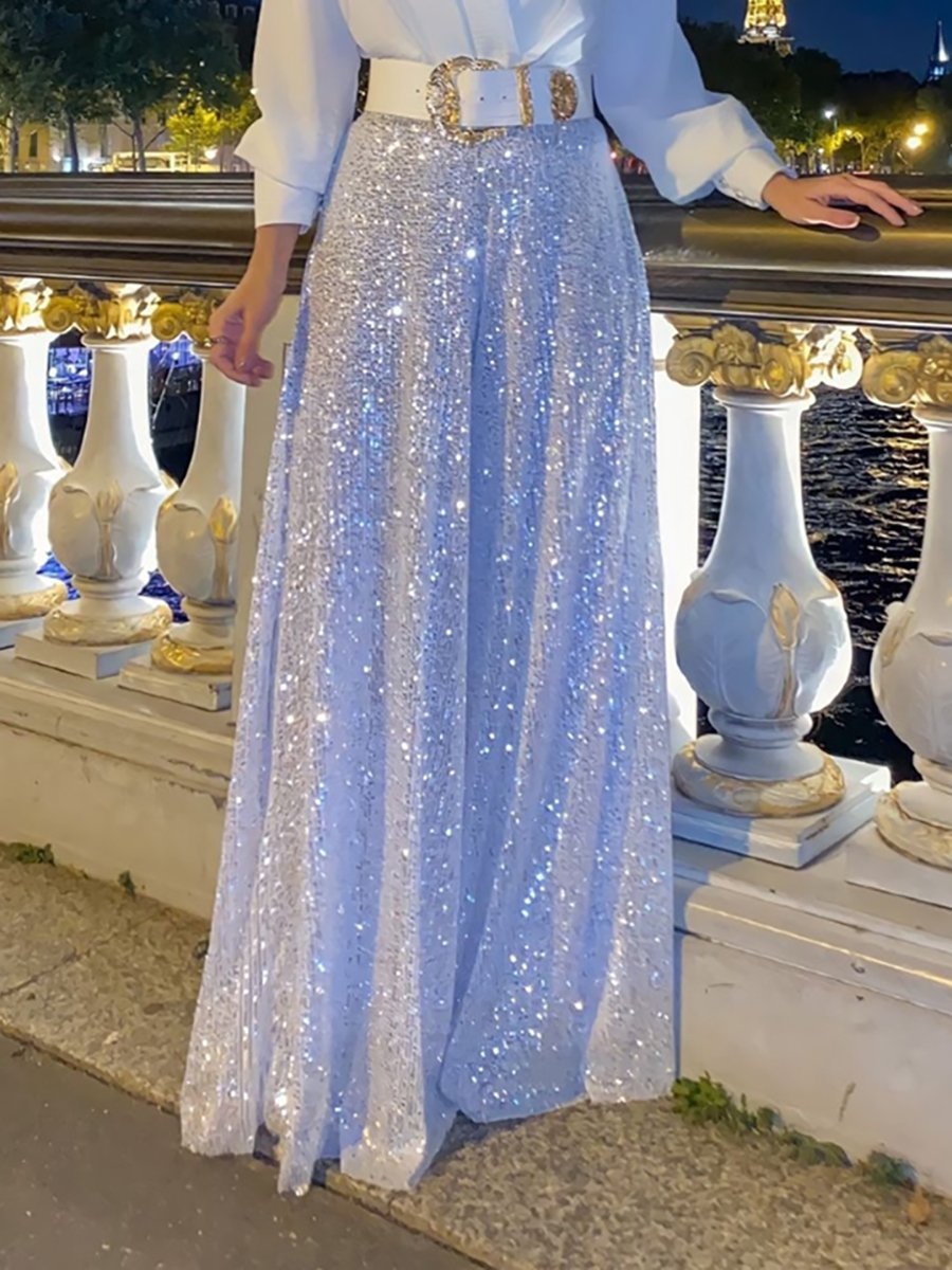 Eaksone - Stylish V-Neck Long Sleeve Shirt & Sequin Wide Leg Pants Two Piece Set