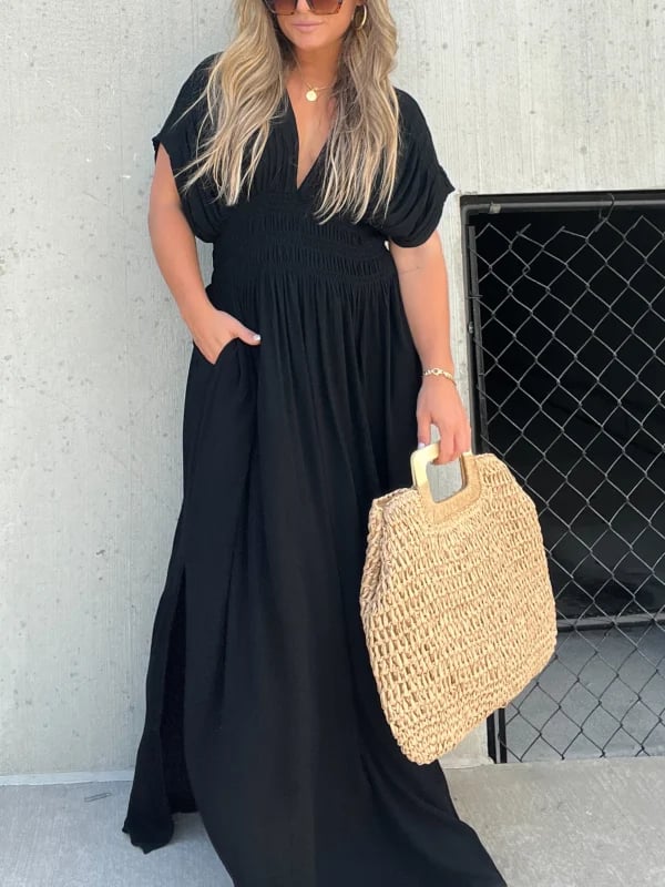 Eaksone - Slit V-neck casual long dress