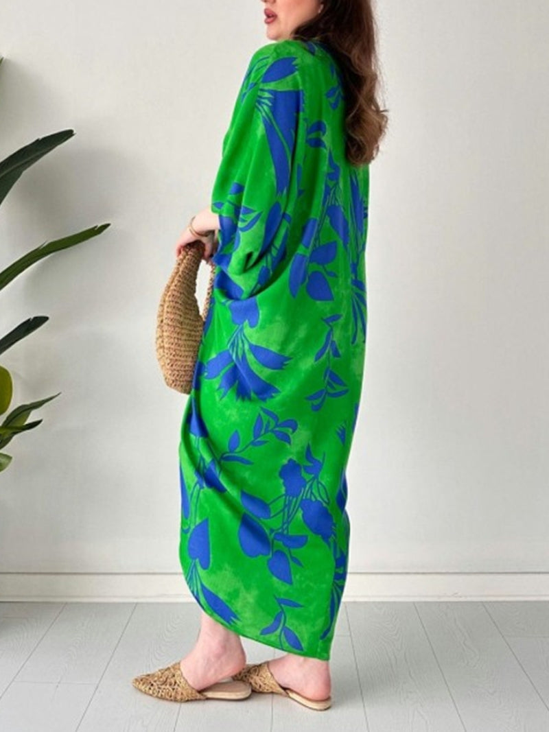 Eaksone - Fashion Printed Bat Sleeve V-Neck Dress