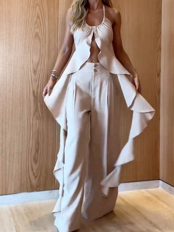 Eaksone - Ruffle Slit Halter Tank and Pocketed Wide Leg Pants Set