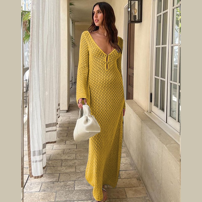 Eaksone - Crochet Fishtail Flare Sleeve Maxi Dress