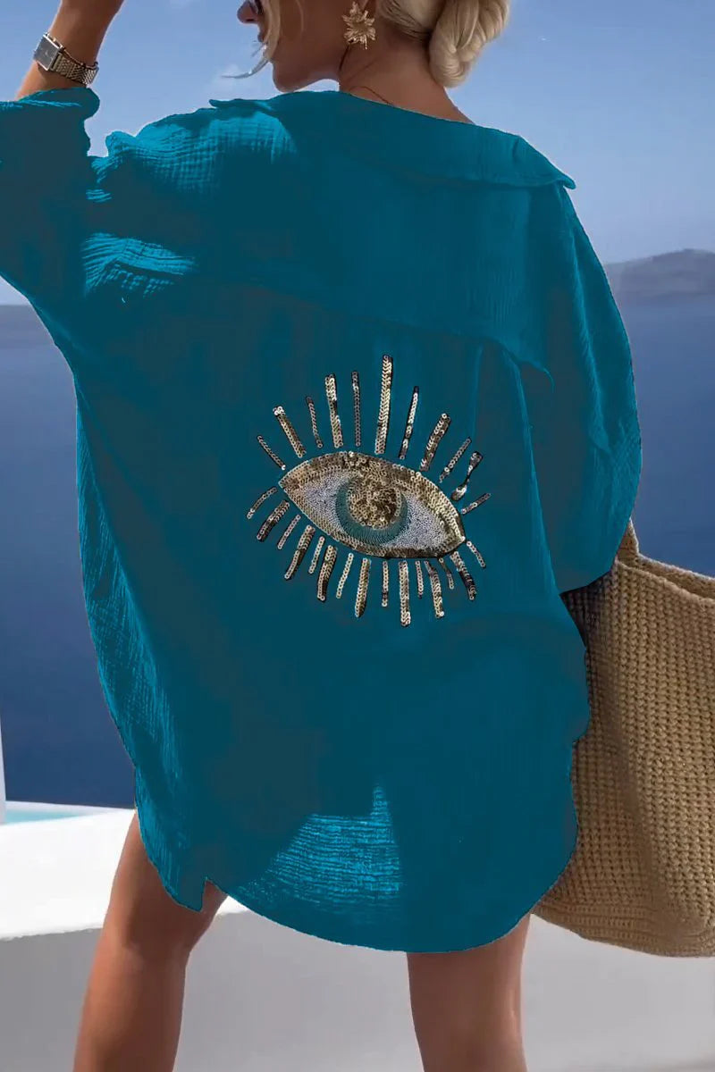 Eaksone - Evil Eye Casual Sequin Beaded Shirt