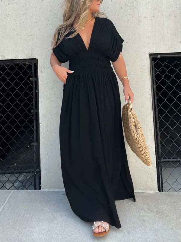 Eaksone - Slit V-neck casual long dress