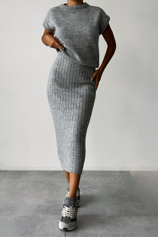 Eaksone - Knit Short Sleeve Sweater and Stretch Ribbed Midi Skirt Set