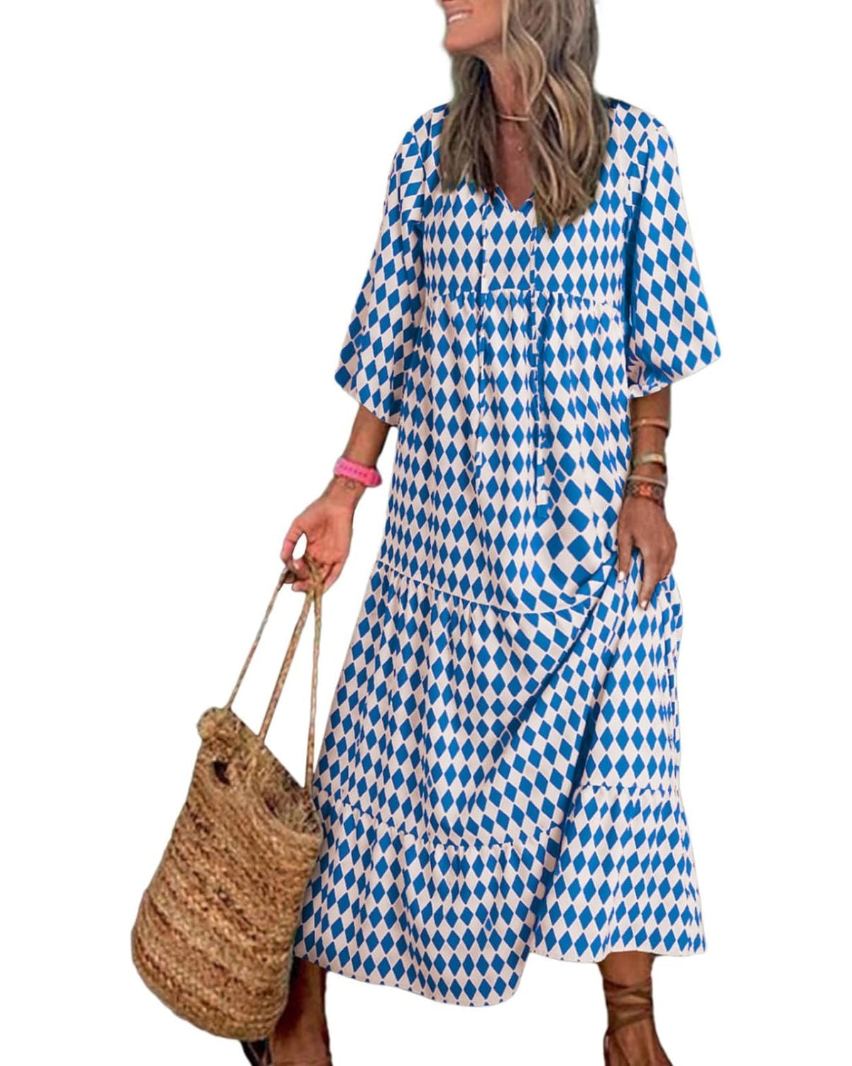 Eaksone - Women's Puff Sleeve Floral Boho Maxi Dress