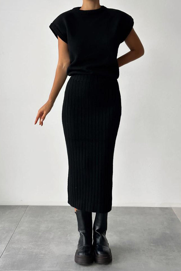 Eaksone - Knit Short Sleeve Sweater and Stretch Ribbed Midi Skirt Set
