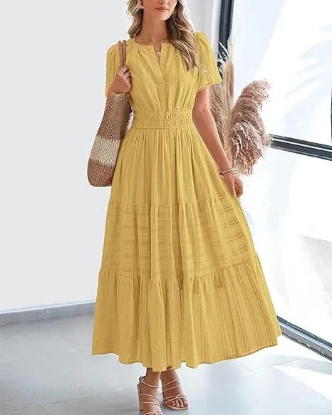 Eaksone - v-neck pleated puff sleeve dress black