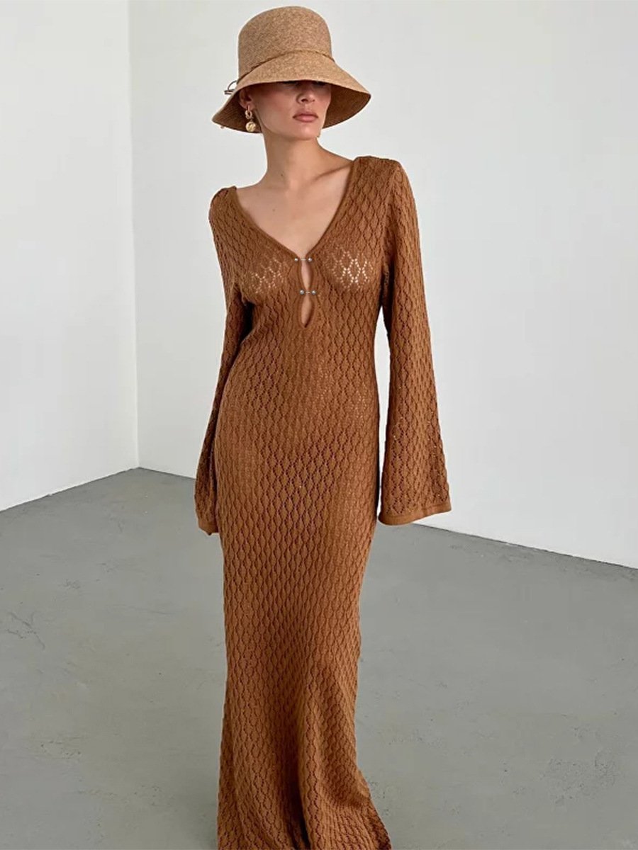 Eaksone - Crochet Fishtail Flare Sleeve Maxi Dress