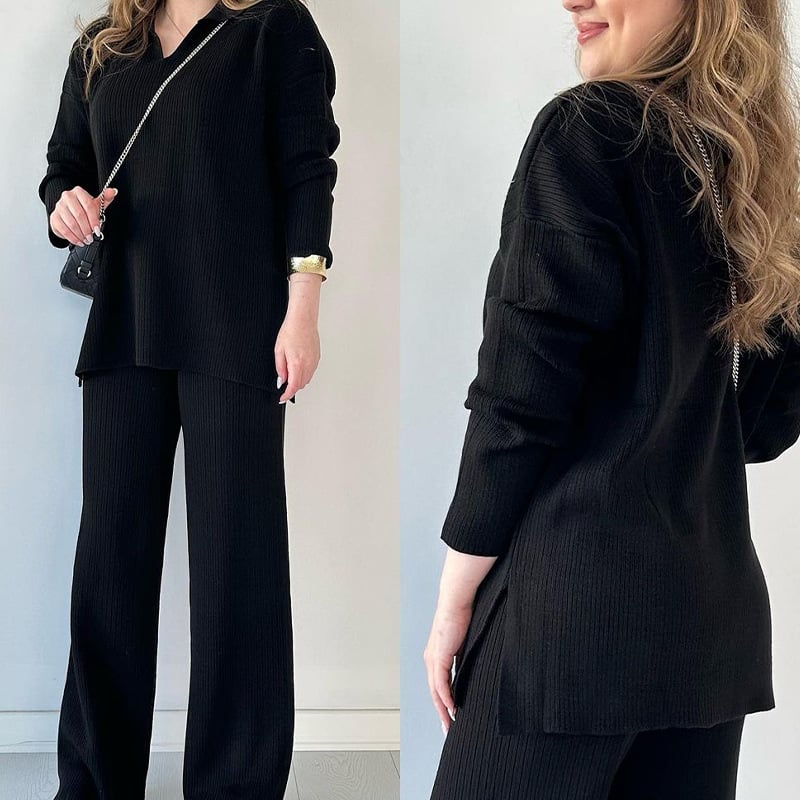 Eaksone - V-neck casual slit knitted two-piece set