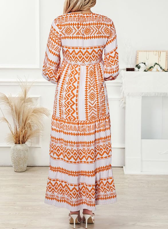 Eaksone - Women's Puff Sleeve Floral Boho Maxi Dress