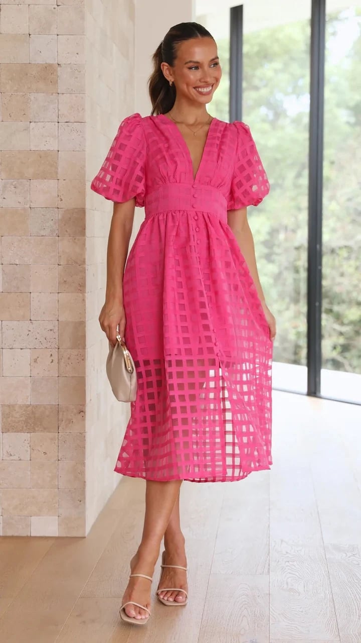 Eaksone - Beautiful square pattern fabric puff sleeve midi