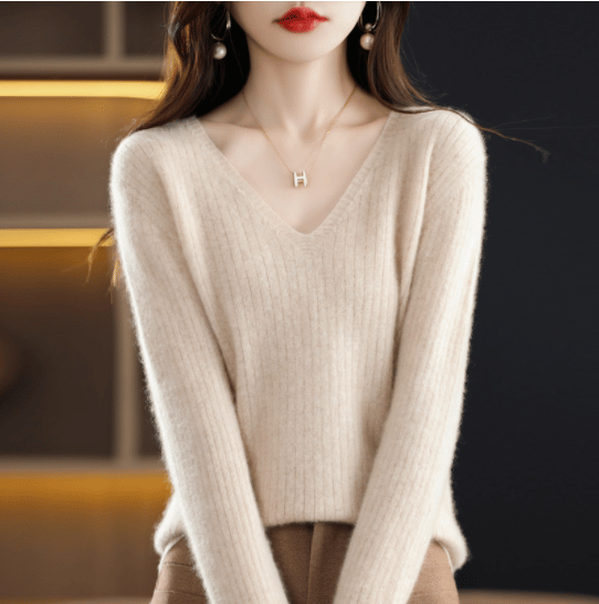 Eaksone - V-Neck Pullover Long Sleeve Solid Color Cashmere Sweater