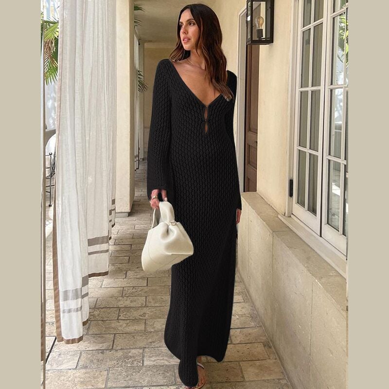Eaksone - Crochet Fishtail Flare Sleeve Maxi Dress