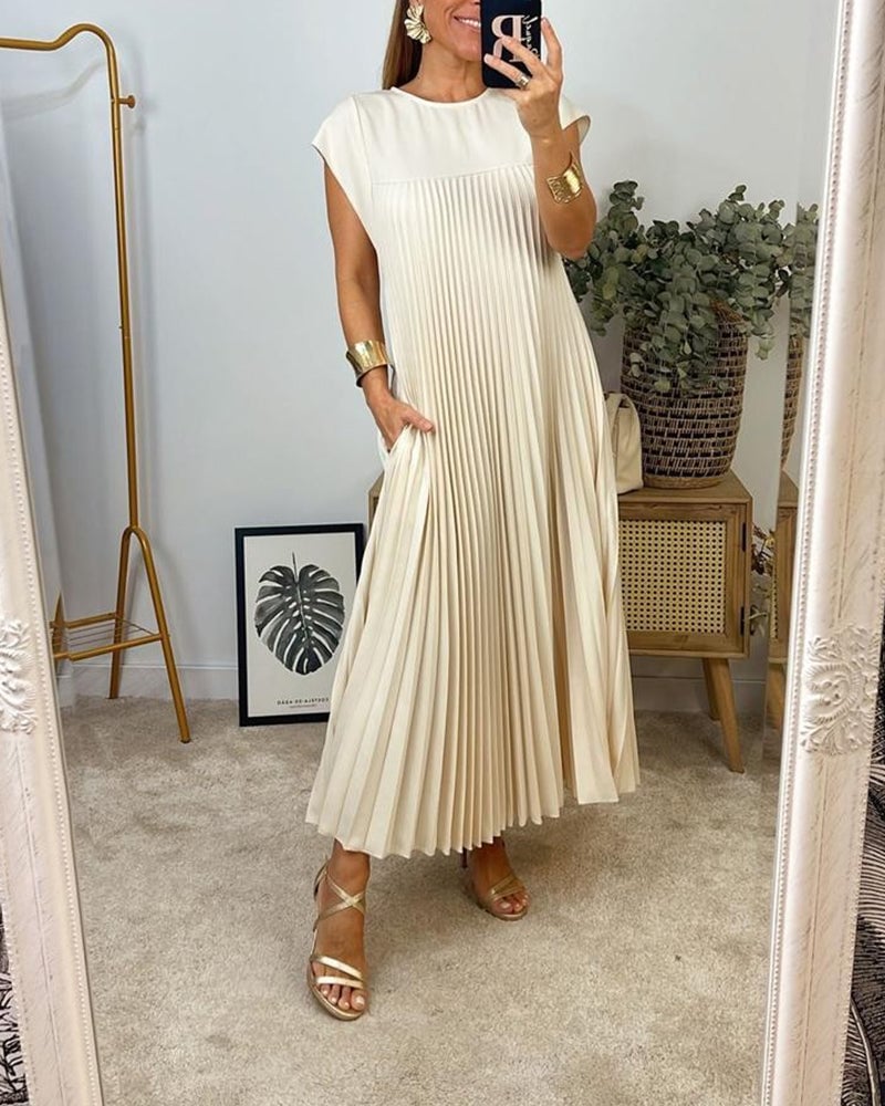 Eaksone - Women Pleated Simple Solid Color Dress