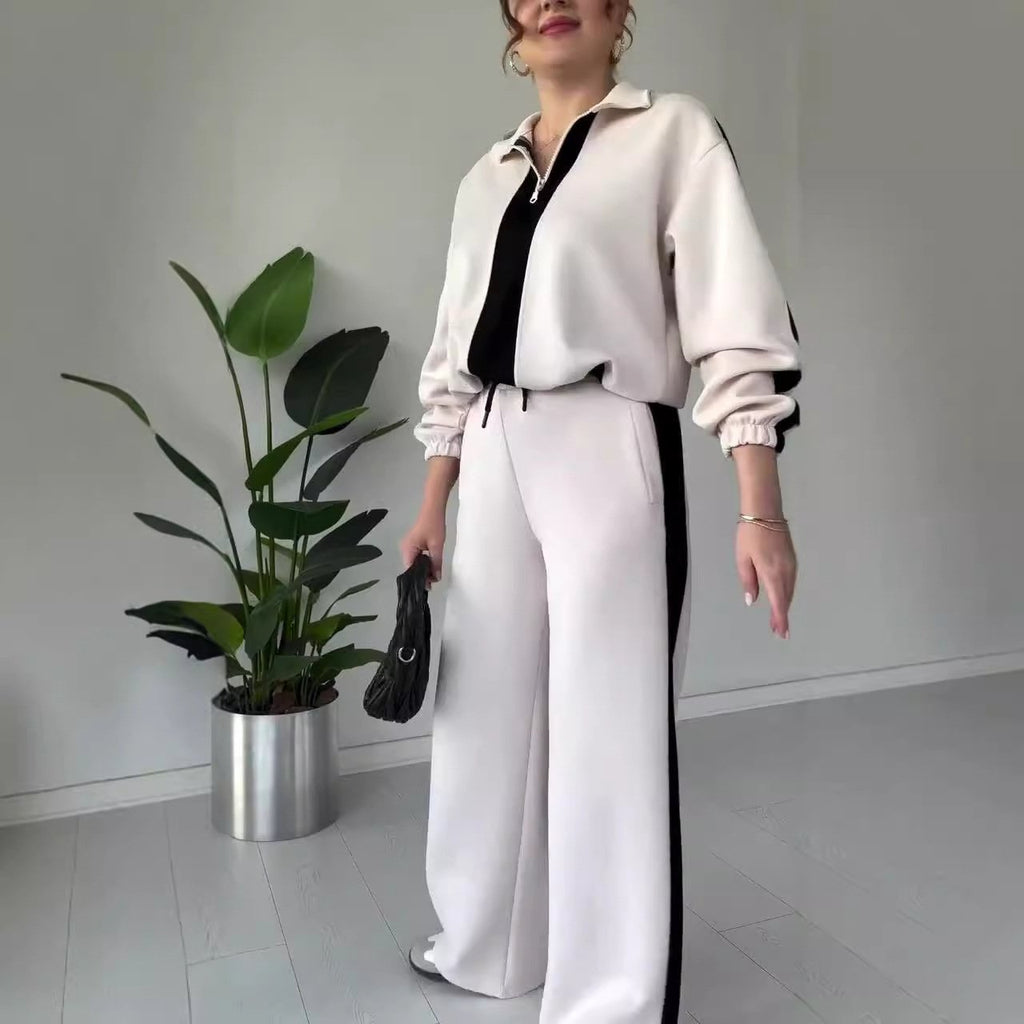 Women's Zipper Lapel Tops & Pants 2-Piece Set