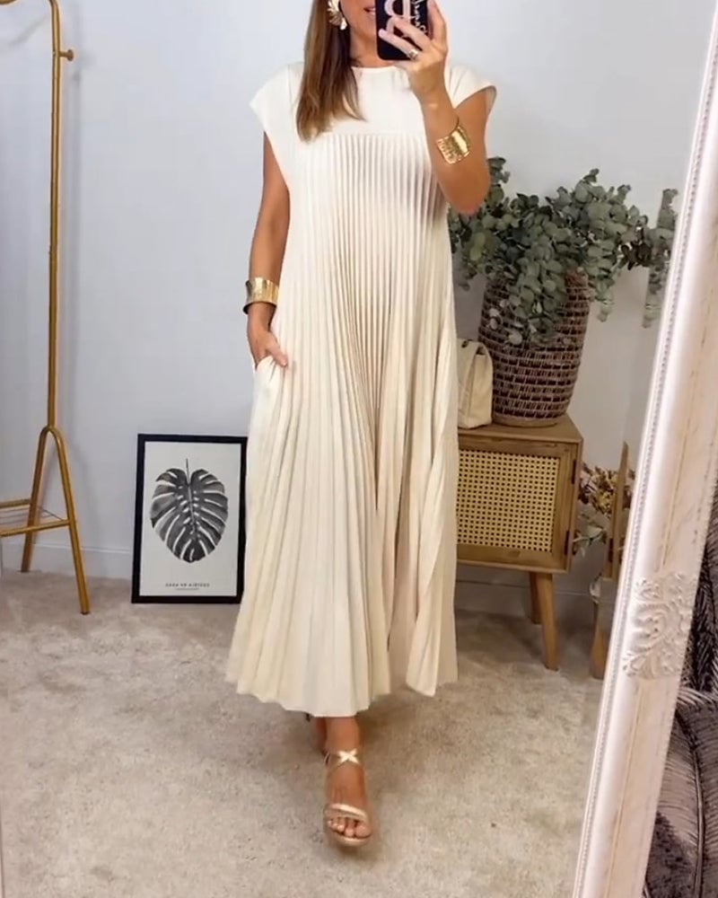 Eaksone - Women Pleated Simple Solid Color Dress